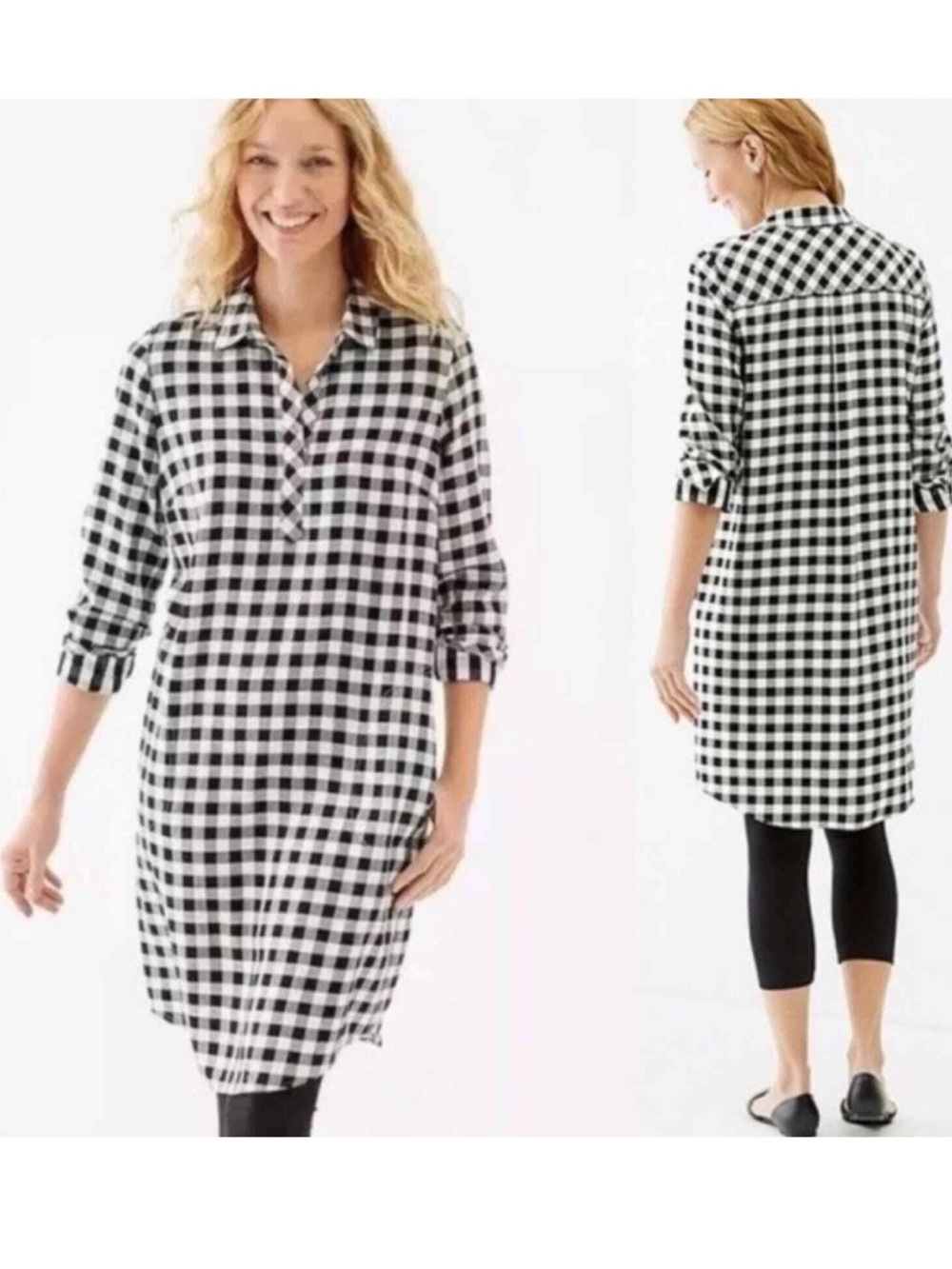 J Jill Womens Shirt Dress Black White Buffalo Plaid Roll Tab Sleeves Size XS